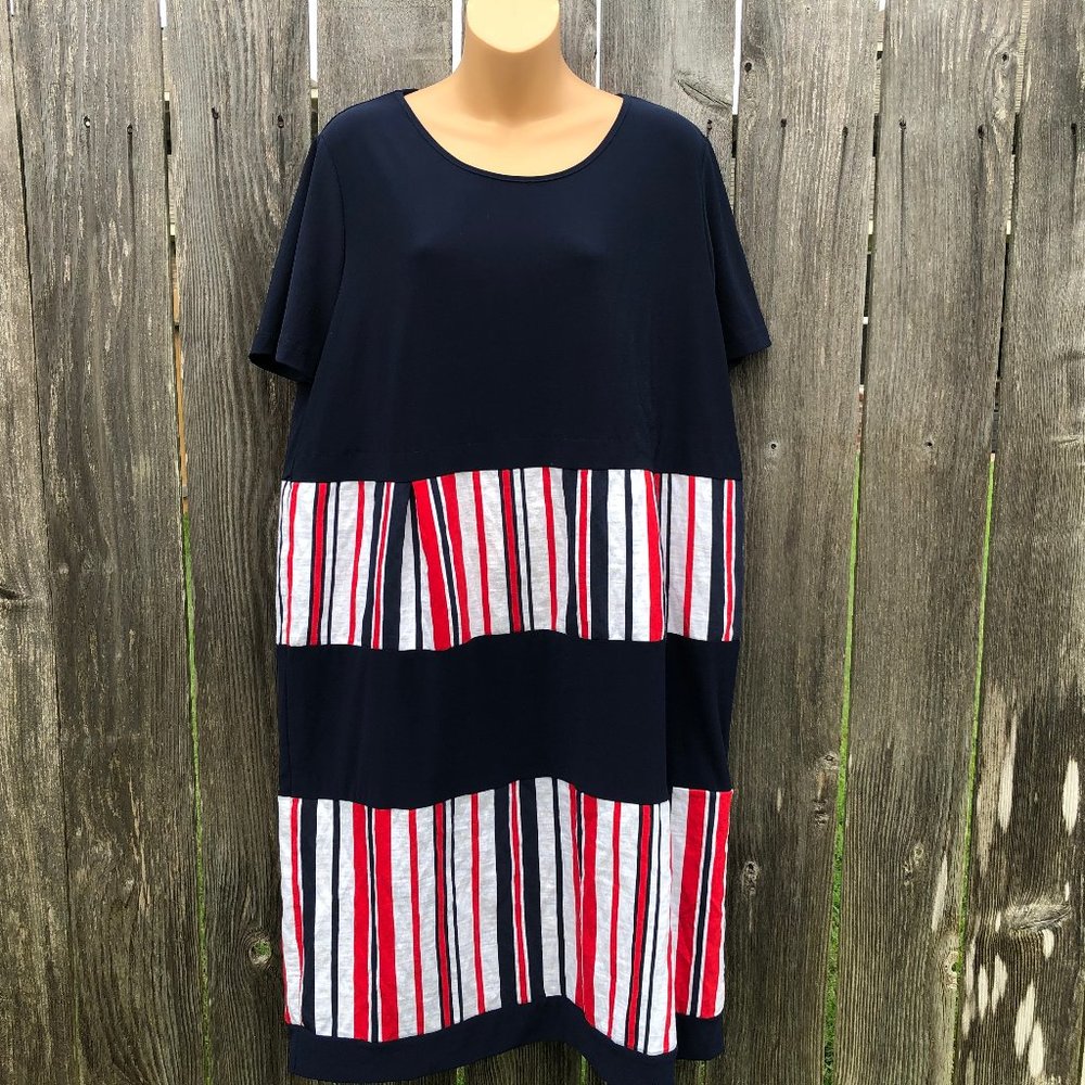 EDAS Italy Shift Dress Short Sleeve Linen Blend Navy Stripe Women's XL